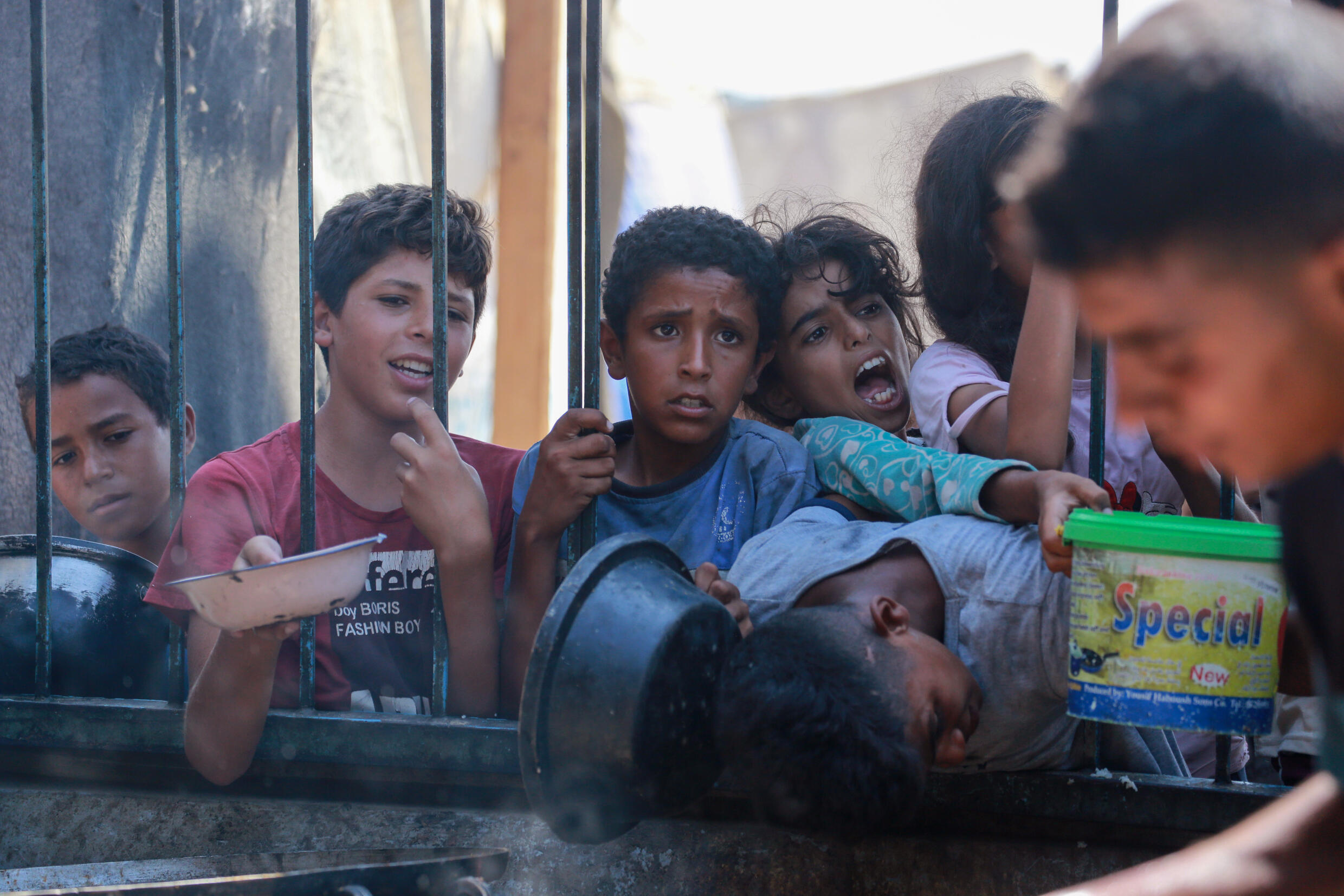 Des enfants palestiniens attendent de recevoir des rations de nourriture dans le camp de déplacés d'al-Mawassi dans le sud de la bande de Gaza, le 3 septembre 2024