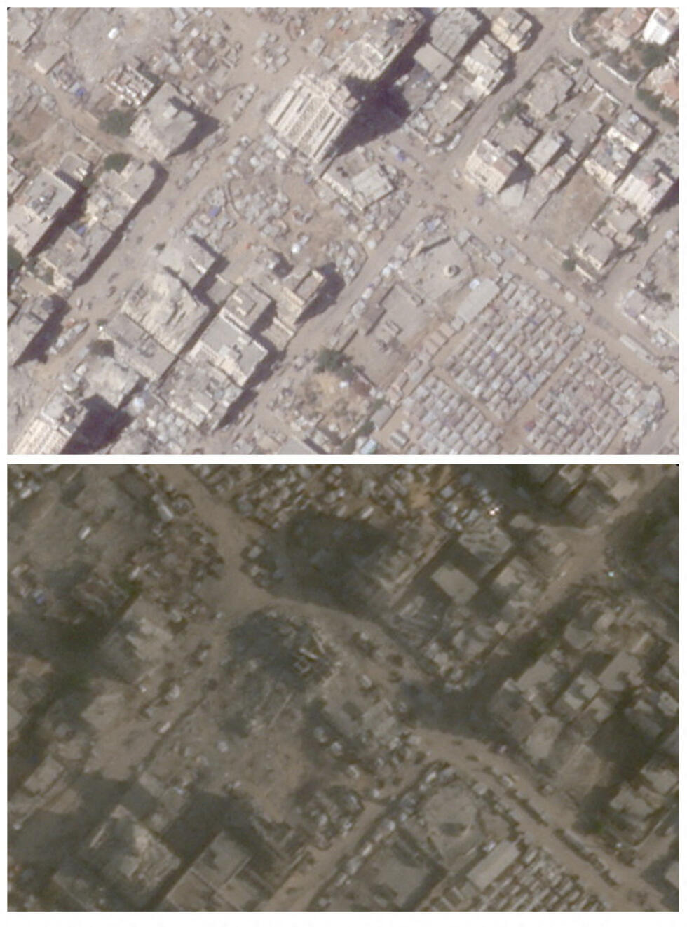 Una imagen combinada muestra una imagen satelital de la Torre Mushtaha de 15 pisos un día antes de que fuera destruida en un ataque aéreo israelí, en la ciudad de Gaza, el 4 de septiembre de 2025, y los restos de la Torre Mushtaha de 15 pisos después de que fuera destruida en un ataque aéreo israelí, en la ciudad de Gaza, el 6 de septiembre de 2025.