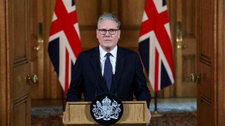 Britain's Prime Minister Keir Starmer makes an address following an emergency cabinet meeting on Gaza at 10 Downing Street in London on July 29, 2025.