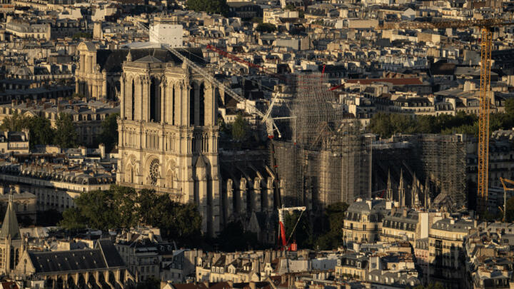 This photograph taken from the Montparnasse Tower on September 4, 2023 shows a view of the evolution of the reconstruction work at the Notre-Dame de Paris Cathedral in Paris, France.