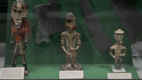 Carved wooden figures are shown as part of a Naga artefacts display at the Pitt Rivers Museum in Oxford, Britain, June 13.