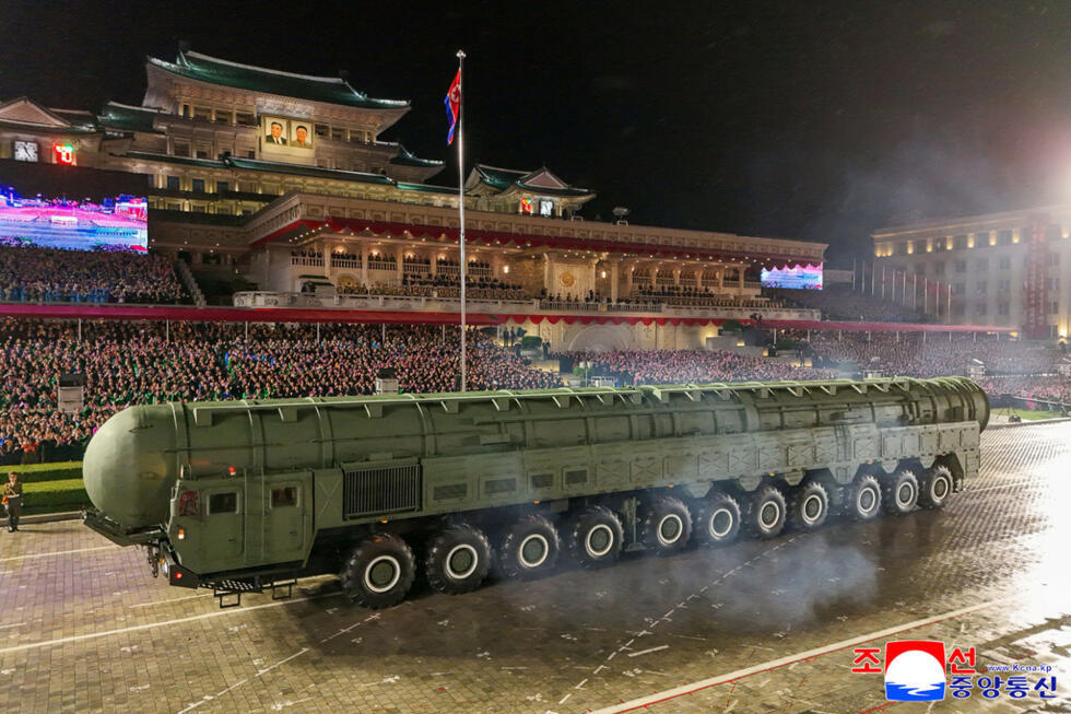 This image, distributed by the North Korean government, shows a new intercontinental ballistic missile, the Hwasong-20, during a military parade.