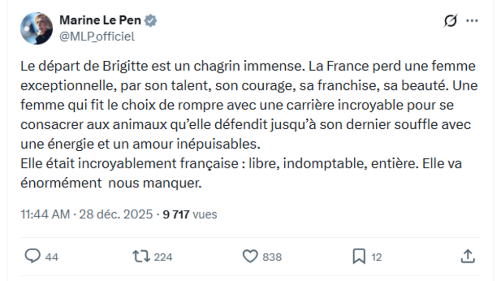 Capture d'écran d'un post X de Marine Le Pen, le 28 décembre 2025