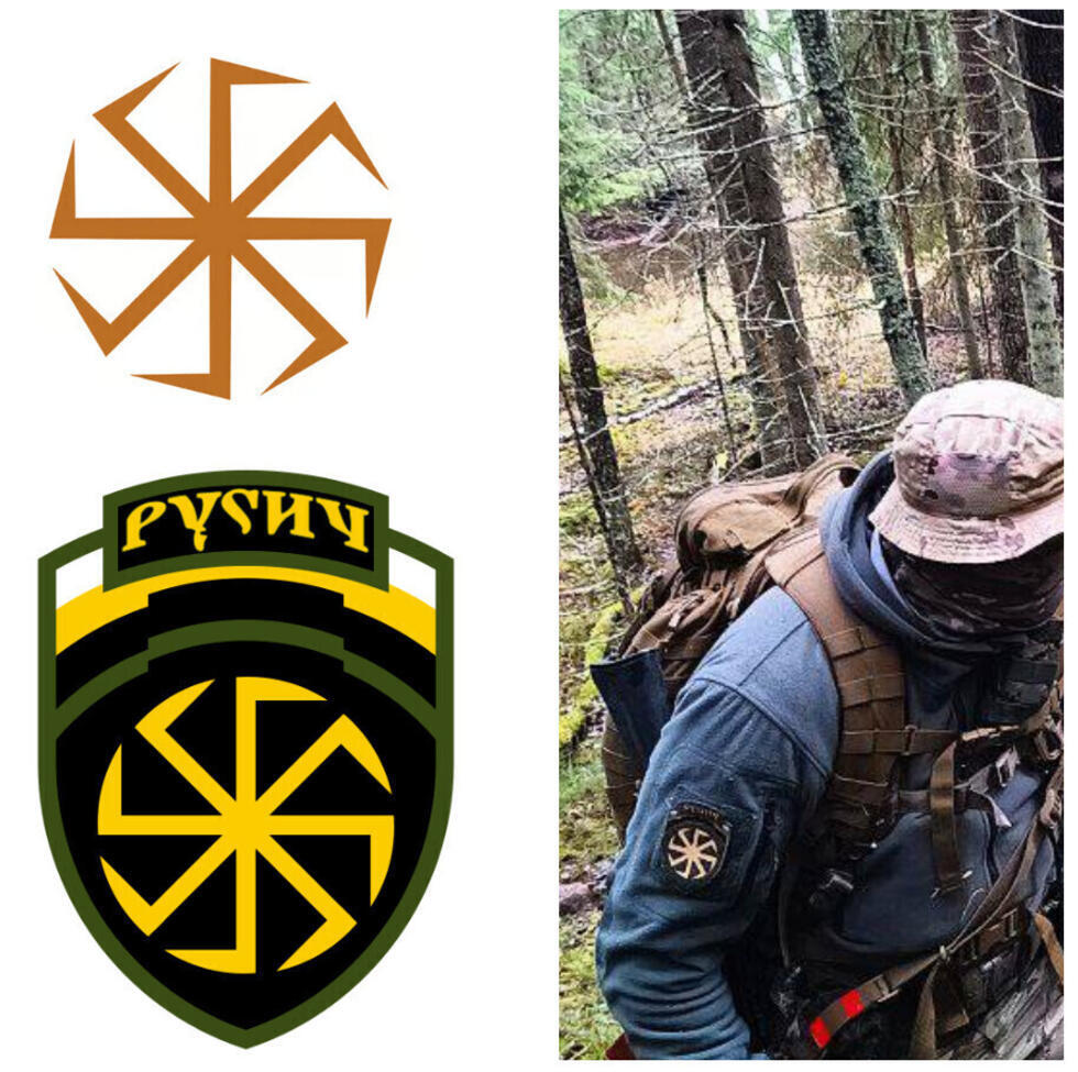 Top left is the Kolovrat symbol, which is featured on the Rusich badge (bottom left). This pagan symbol is frequently worn by members of the unit, as shown by a photo posted on Rusich Telegram channel on November 16 (right).