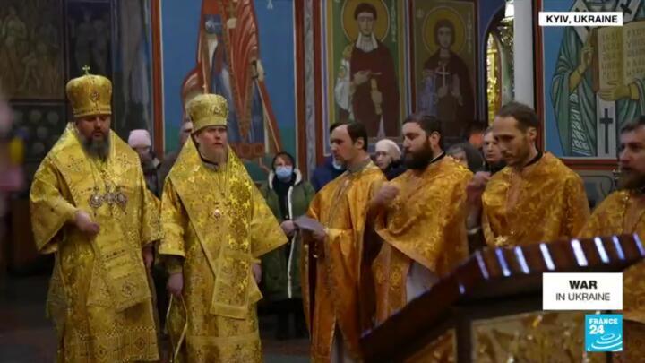 Clergy in the Ukrainian Orthodox Church gather for mass in Kyiv on the third Sunday following the Russian invasion of Ukraine, on March 13, 2022.
