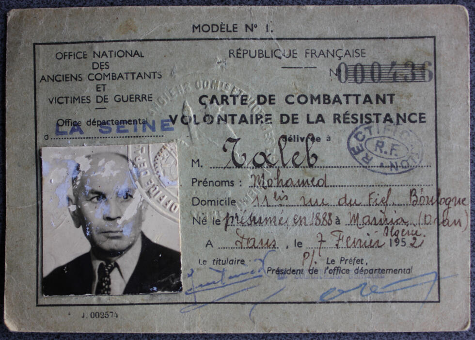 La carte de combattant volontaire de la Résistance de Mohamed Taleb.