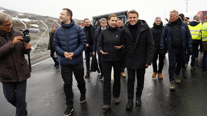 French President Emmanuel Macron arrives at Nuuk Airport in Nuuk, Greenland, on Sunday, June 15, 2025. The Chairman of the Naalakkersuisut, Jens-Frederik Nielsen, is hosting during the French President's visit, where Danish Prime Minister Mette Frederiksen is also participating.