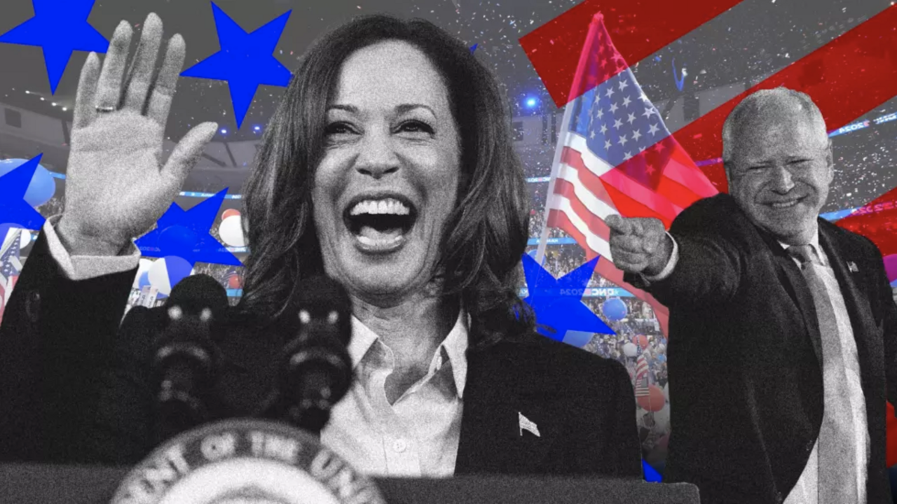 Kamala Harris, vicepresidente de EE. UU. y su candidato a la vicepresidencia, Tim Walz, gobernador de Minnesota.