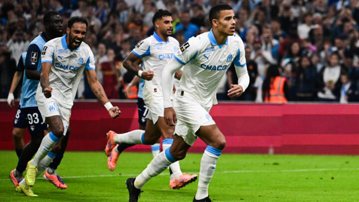 Marseille's English forward #10 Mason Greenwood celebrates after scoring a penalty kick during the French L1 football match between Olympique de Marseille (OM) and Le Havre AC at the Stade Velodrome.
