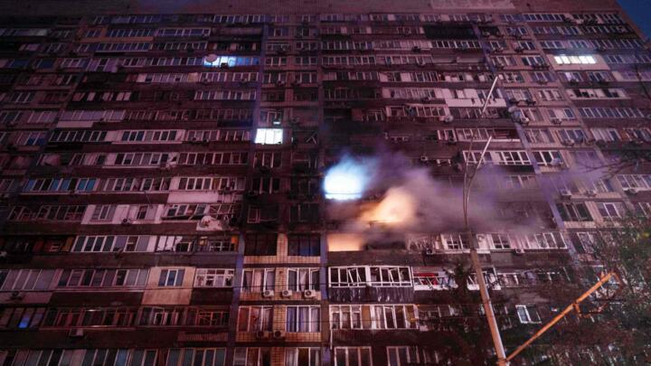 A residential building is damaged by a Russian strike on a residential neighborhood in Kyiv, Ukraine, on Friday, Oct. 10, 2025.
