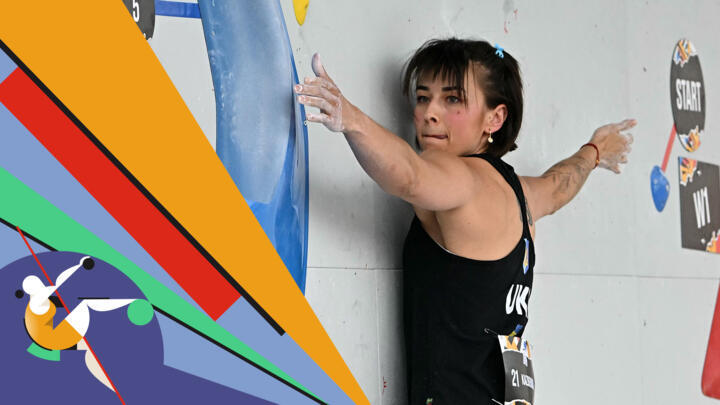 Ukraine's Jenya Kazbekova competes in the climbing qualifying tournament for the Paris Olympics in Budapest on June 20, 2024.