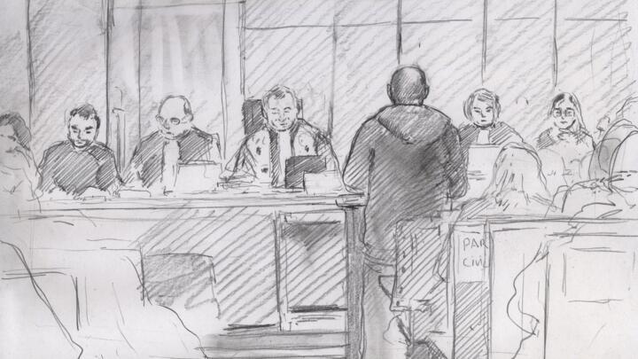 Courthouse sketch provided by TRIAL international dated November 25, 2025, shows a plaintiff testifying in Paris at the trial of former Congolese rebel leader Roger Lumbala.