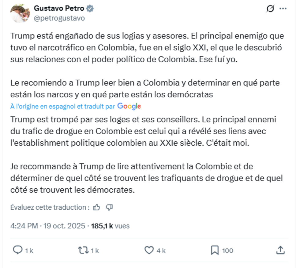 Capture d'écran d'un post de Gustavo Petro sur X le dimanche 19 octobre 2025.