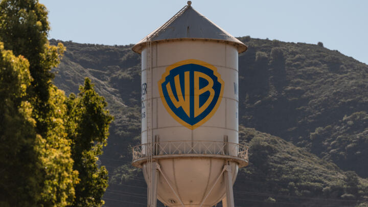 The Warner Bros. water tower is seen at Warner Bros. Studios in Burbank, California, on December 5, 2025.