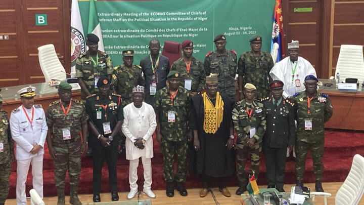 The defense chiefs from the Economic Community of West African States (ECOWAS) countries excluding Mali, Burkina Faso, Chad, Guinea and Niger pose for a group photo during their extraordinary meeting in Abuja, Nigeria, Friday, Aug. 4, 2023, to discuss the situation in Niger.