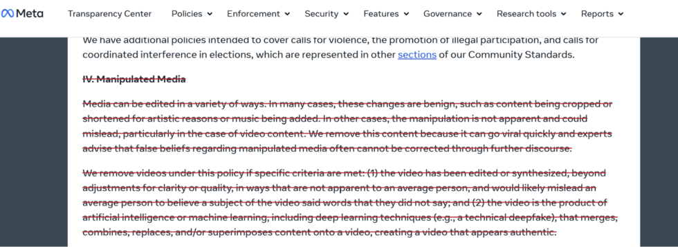 Le 9 juillet 2024, Meta supprime de ses conditions utilisateurs la section consacrées aux Médias Manipulés