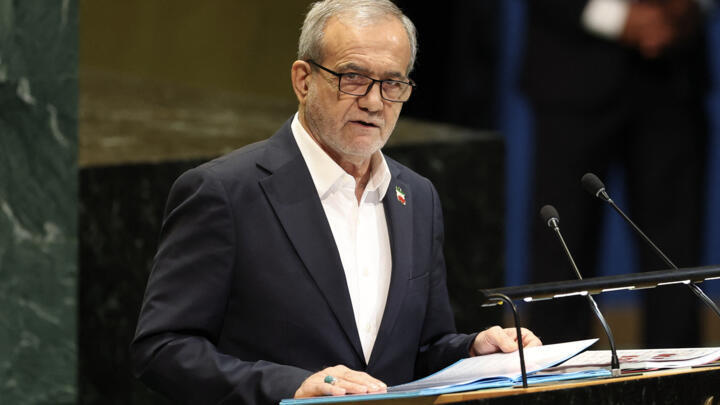 Iran's President Masoud Pezeshkian speaks during the General Debate of the United Nations General Assembly at the UN headquarters in New York City on September 24, 2025.