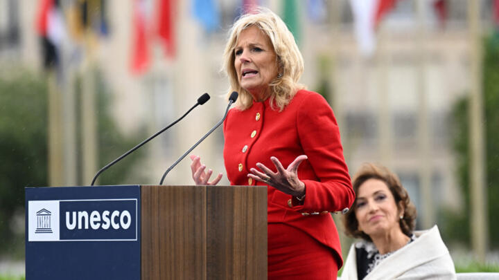 US First Lady Jill Biden speaks during a flag raising ceremony at UNESCO headquarters in Paris to mark the United States' return to the organization, July 25, 2023.