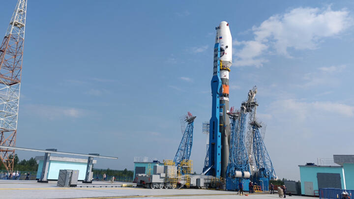 The Soyuz-2.1b rocket booster with the lunar landing spacecraft Luna-25 is lifted on the launchpad ahead of its upcoming launch at the Vostochny Cosmodrome in the Amur region, Russia, August 8, 2023.
