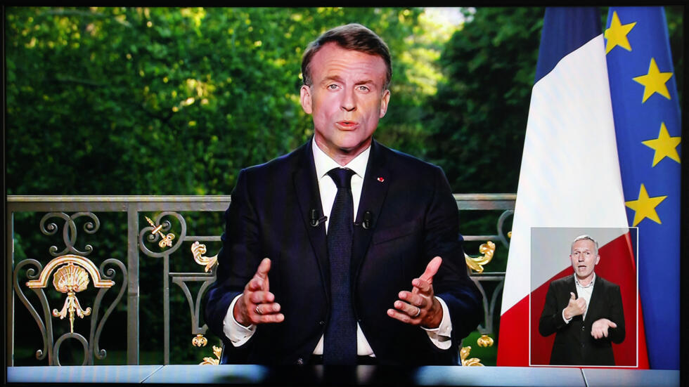 France's President Emmanuel Macron speaking during a televised address during which he announced he is dissolving the National Assembly, French Parliament's lower house, and calling a general election