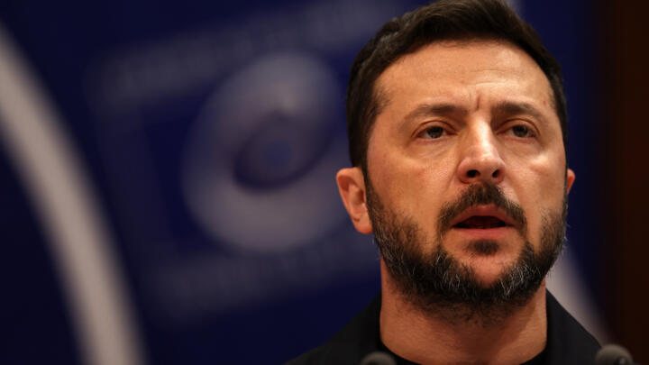 Ukraine's President Volodymyr Zelensky addresses members of the Parliamentary Assembly of the Council of Europe in Strasbourg, eastern France, on June 25, 2025. 