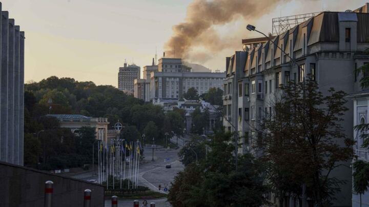 Smoke rises from the Cabinet of Ministers building after a Russian air attack on Kyiv, Ukraine on September 7, 2025.