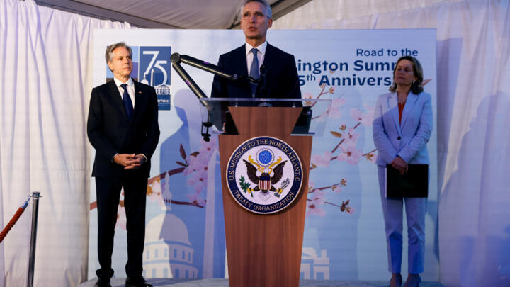 NATO Secretary General Jens Stoltenberg speaks next to US Secretary of State Antony Blinken and US Ambassador to NATO Julianne Smith in Brussels, Belgium April 3, 2024.