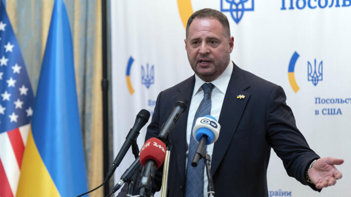 Andry Yermak, head of the Ukrainian president's office, speaks during a press conference at the Ukrainian Embassy in Washington on Wed. 4 June 2025.