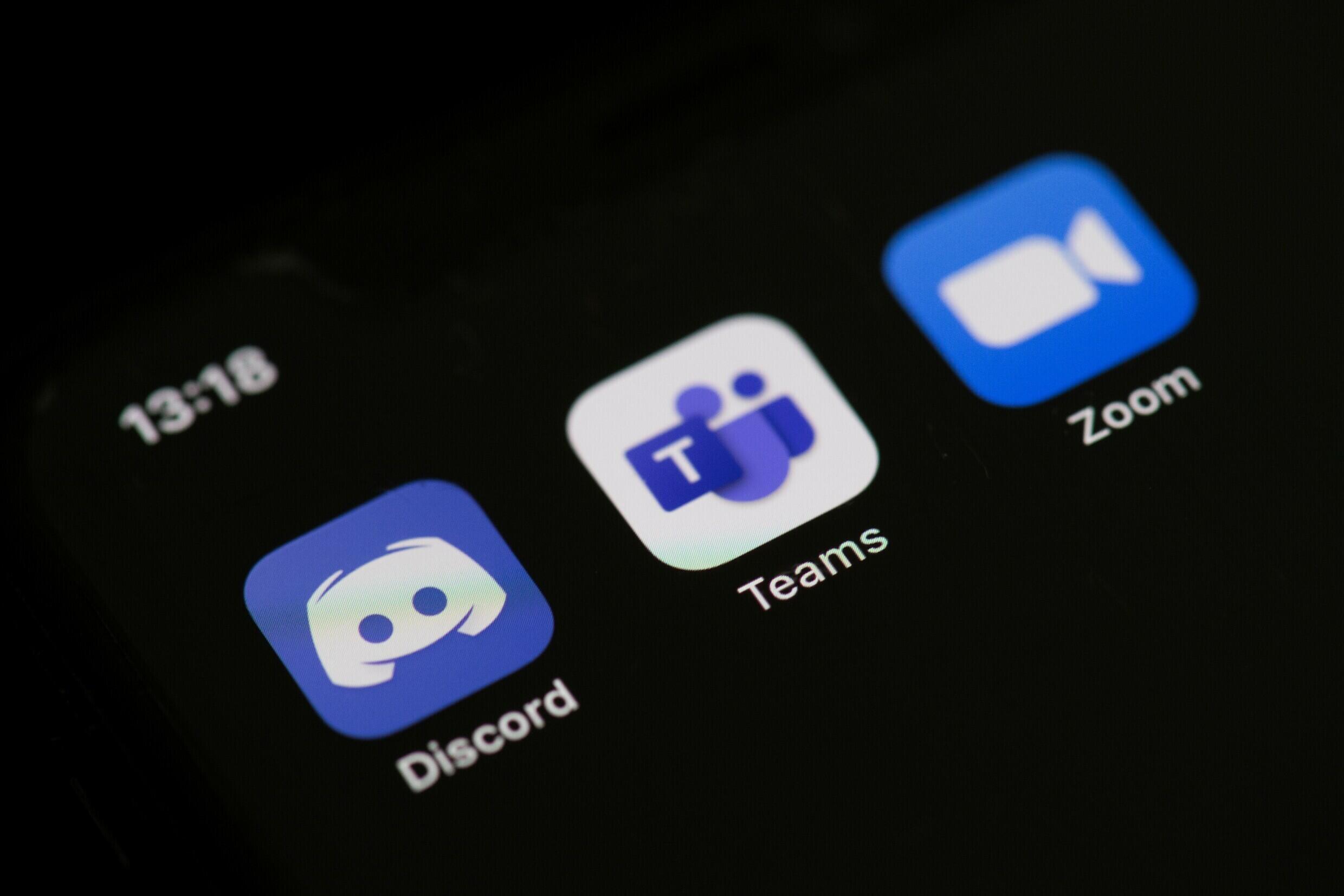 Logos für die Apps Discord, Teams und Zoom, 27. Mai 2020, in Paris
