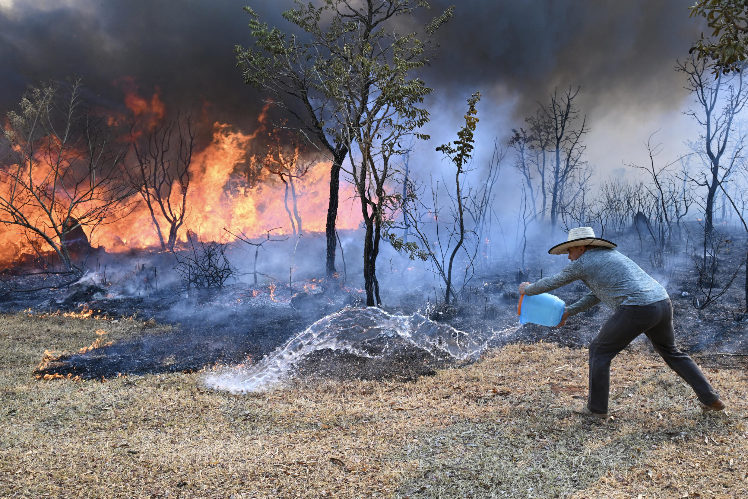 A resident near Brasilia National Park fights the forest fire that is raging in the park so that it doesn't reach homes in Brasilia, Brazil, on September 15, 2024