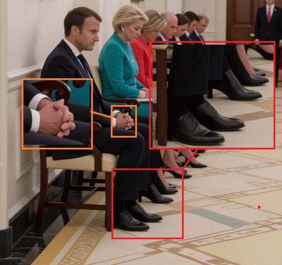 La photographie où l’on verrait les responsables européens en train d’attendre Donald Trump présente plusieurs défauts qui prouvent qu’elle a été générée par IA.