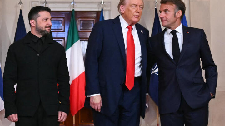 Ukrainian President Volodymyr Zelensky, US President Donald Trump, and French President Emmanuel Macron at the White House in Washington, DC, on August 18, 2025.