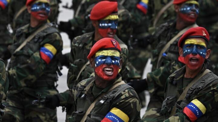 This file photo shows soldiers of the Venezuelan Army marching at the Fort Tiuna in Caracas on July 3, 2023.