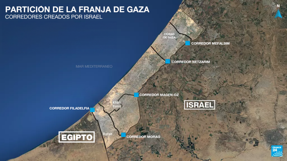 Partición de la Franja de Gaza por los corredores creados por Israel.