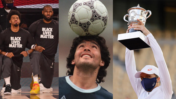 From left to right: a year of anti-racism protests in the NBA, farewell to Diego Maradona, and the first Pole to win a Grand Slam tournament.