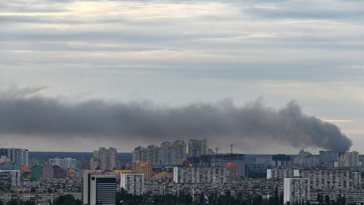 This photograph taken on June 5, 2022 hows smoke after several explosions hit the Ukrainian capital Kyiv in the early morning.