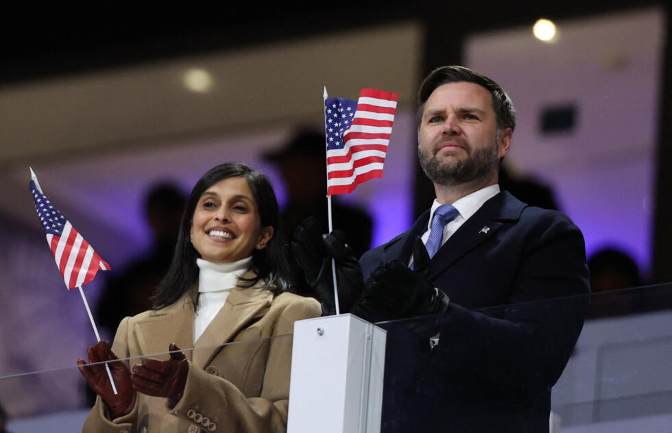 US Vice President JD Vance and Usha Vance during the opening ceremony for the Milano Cortina 2026 Olympics on February 06, 2026