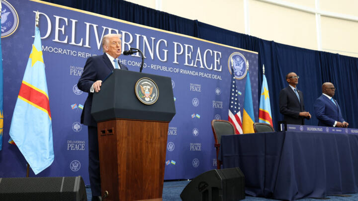 US President Donald Trump speaking next to President of the Democratic Republic of the Congo Felix Tshisekedi and President of Rwanda Paul Kagame