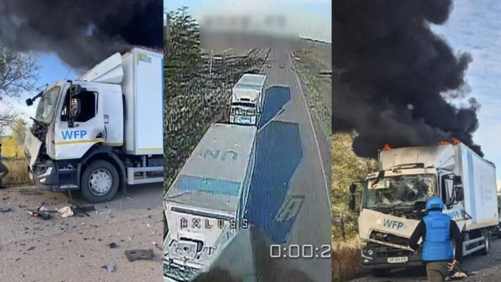 Humanitarian convoy under fire: Russian suicide drones hit clearly marked UN trucks in southern Ukraine.