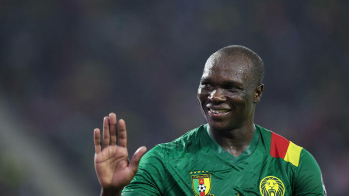 Cameroon's forward Vincent Aboubakar celebrates scoring his team's second goal during the Africa Cup of Nations (CAN) 2021 round of 16 football match between Cameroon and Comoros at Stade d'Olembe in Yaounde on January 24, 2022.