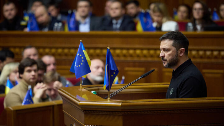 Ukraine's President Volodymyr Zelensky addresses members of the Ukrainian parliament on October 16, 2024.