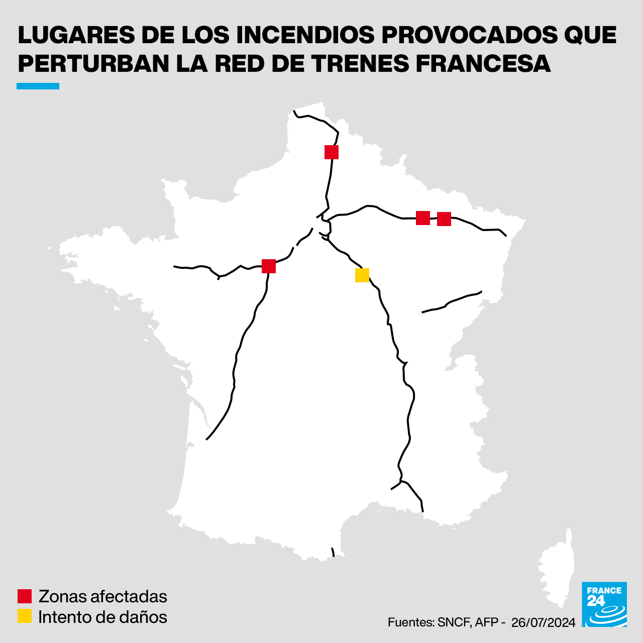 Lugares de los incendios provocados que perturban la red ferroviaria de alta velocidad de Francia el 26 de julio de 2024.