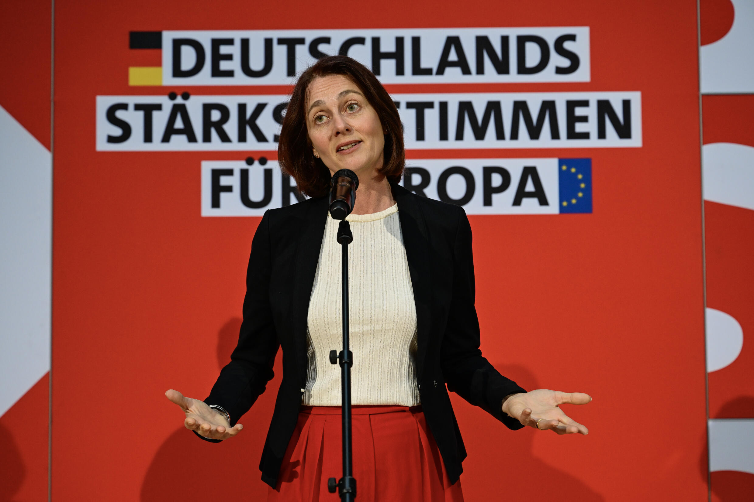 La vice-présidente du Parlement européen et tête de liste du parti social-démocrate (SPD) allemand Katarina Barley, le 9 juin 2024 à Berlin