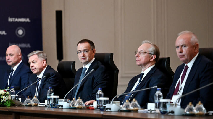 Head of the Russian delegation and Kremlin aide Vladimir Medinsky and other members of the delegation attend the third meeting at the Ciragan Palace, in Istanbul, on July 23, 2025. 