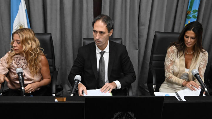 (L-R) Judges Veronica Di Tommaso, Maximiliano Savarino and Julieta Makintach are seen during the trial for the death of late Argentine football legend Diego Maradona San Isidro, Argentina Mar. 11 2025