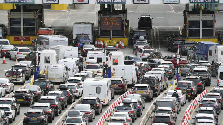 Car queue at the check-in at Dover Port as many families embark on getaways at the start of summer holidays for many schools in England and Wales, in Kent, England, July 22, 2022. 