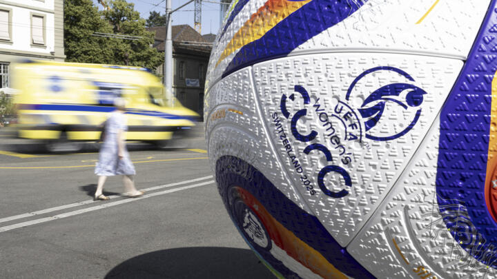 A giant soccer ball displayed in front of the Bern railway station plaza on the occasion of the Women's Euro 2025 soccer tournament, June 25, 2025.