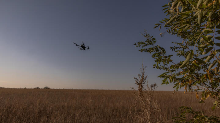 A drone operated by a Ukrainian military member of the 65th Mechanised Brigade takes off near the frontline village of Robotyne, in the Zaporizhzhia region, on October 1, 2023.
