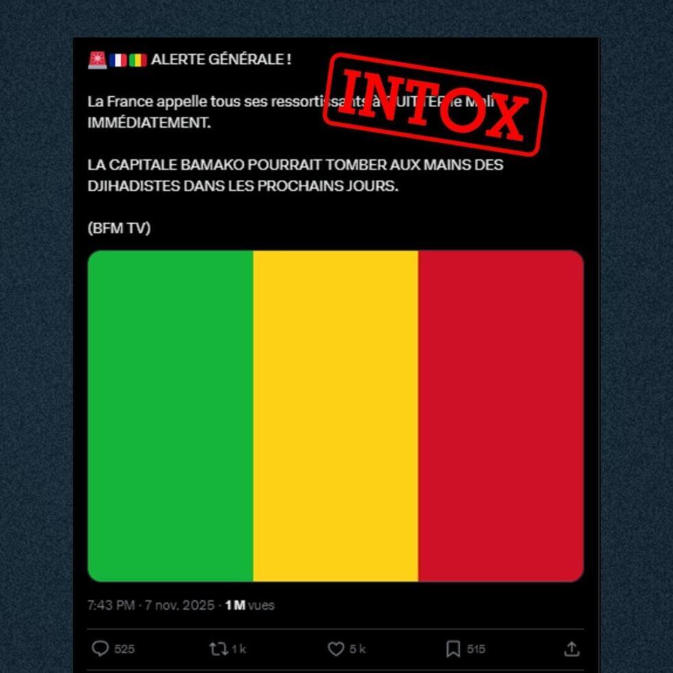 BFM n'a pas annoncé une chute "dans les prochains jours" de Bamako contrairement à ce qu'affirme le 7 novembre 2025 un compte X d'actualités