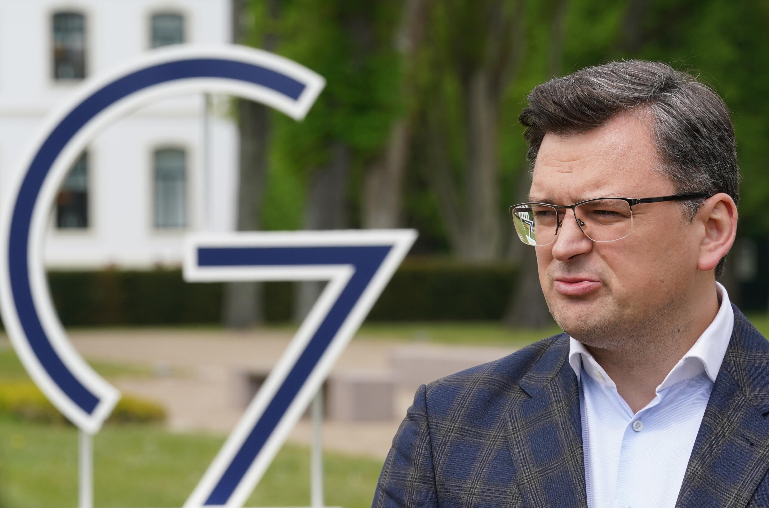 Ukraine's Foreign Minister Dmytro Kuleba gives a press statement during the G7 foreign ministers meeting